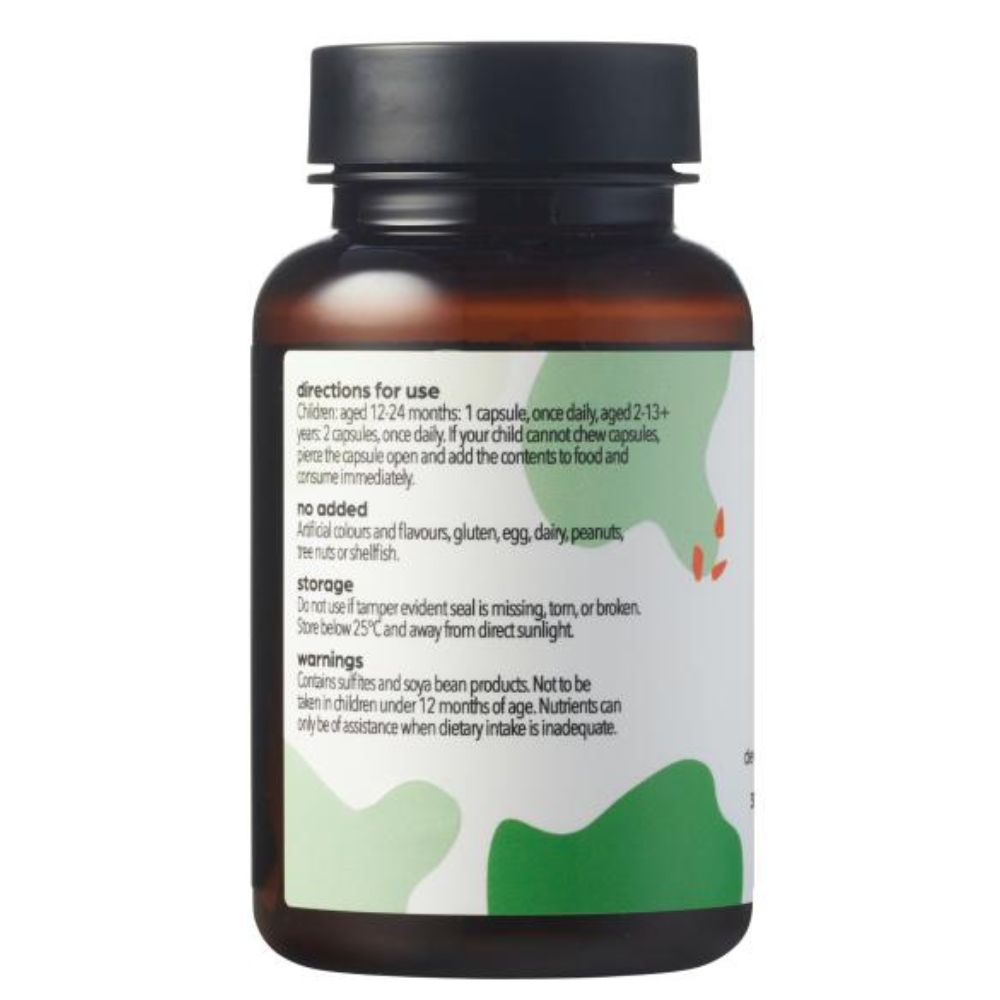An amber plastic supplement bottle with a black cap.