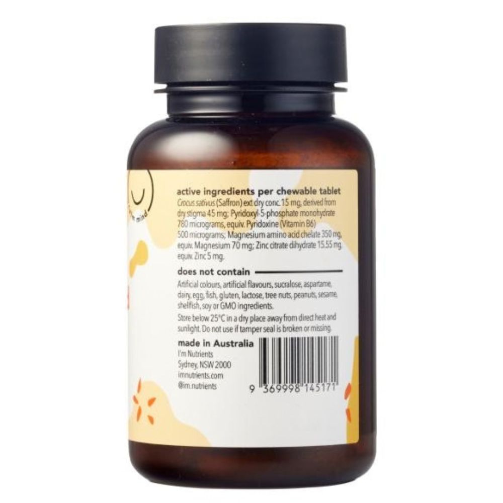 An amber brown bottle of Imi Nutrients Gucuruscetin (Saffron) chewable tablets.