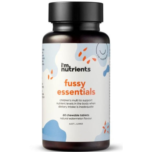 A bottle of i'm nutrients 'fussy essentials' chewable tablets for children.