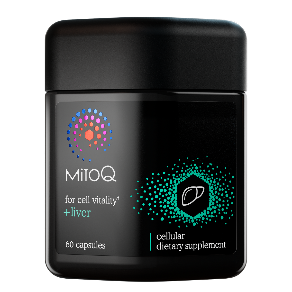 A black capsule-based dietary supplement container labeled 'MitoQ +Liver'.