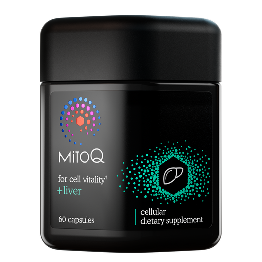 A black capsule-based dietary supplement container labeled 'MitoQ +Liver'.