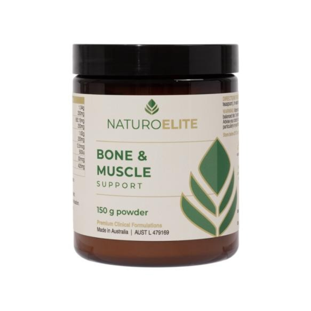 A 100g jar of NaturoElite Bone & Muscle Support powder, featuring a dark amber-brown container.