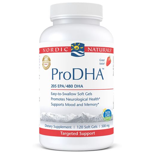 A bottle of Nordic Naturals ProDHA 250 mg/dha softgels.