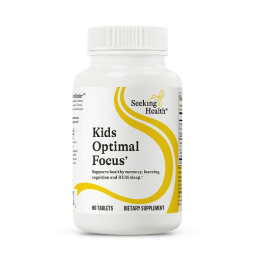 A bottle of Seeking Health Kids Optimal Focus dietary supplement with 60 tablets.