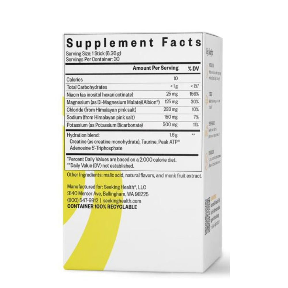 A white supplement facts box with a yellow triangular accent at the bottom left and black text