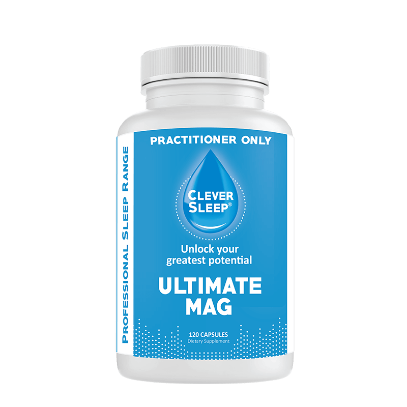 A bottle of CleverSleep Ultimate Mag, a dietary supplement with a blue label indicating it is a magnesium supplement.