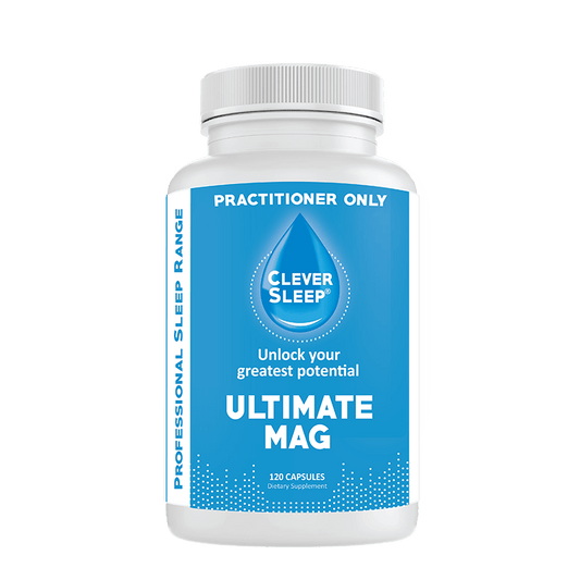 A bottle of CleverSleep Ultimate Mag, a dietary supplement with a blue label indicating it is a magnesium supplement.