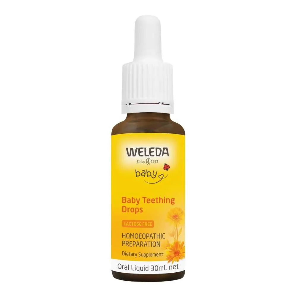 A bottle of Weleda Baby Teething Drops, which is an oral liquid medicine for babies.