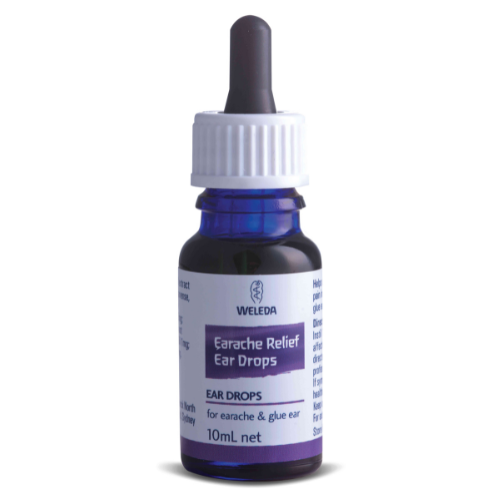 A bottle of Weleda Earache Relief Ear Drops with a white label, blue liquid, and a black dropper cap.