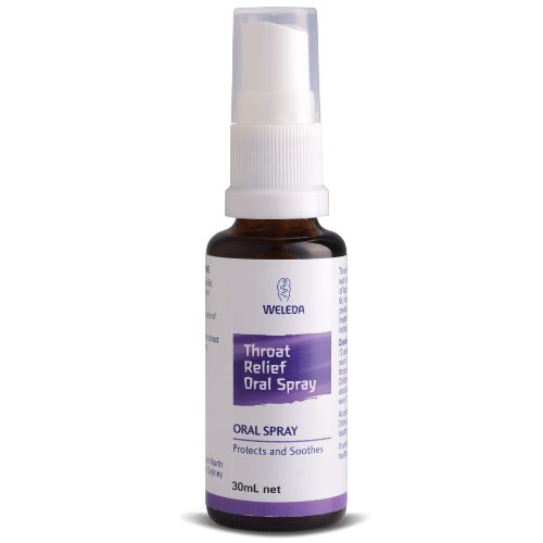 A bottle of Weleda Throat Relief Oral Spray with a white and purple label.
