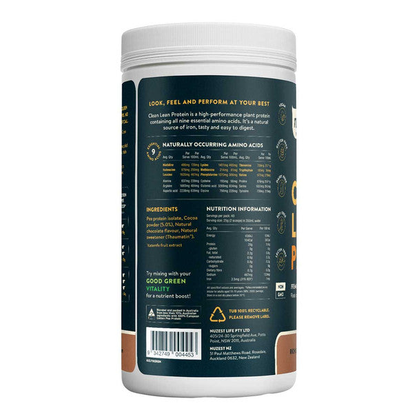 A container of Nuzest Clean Lean Protein Rich Chocolate.