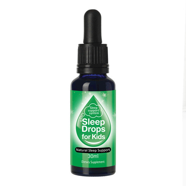 A bottle of SleepDrops for Kids, which is a natural sleep support product.